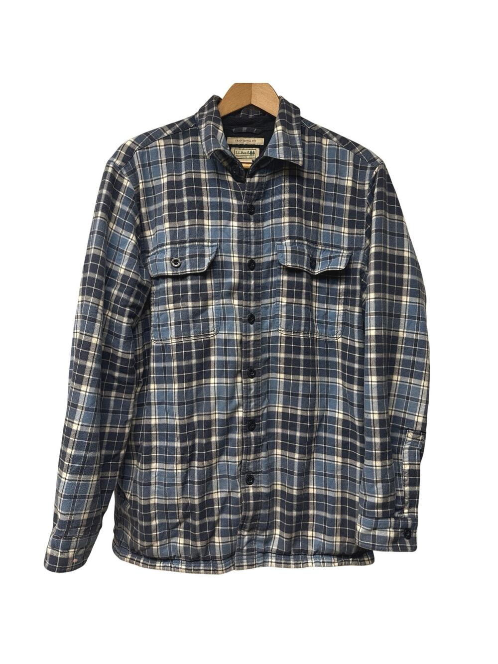 LL Bean Shirt Mens Medium Blue Plaid Flannel Fleece Lined Shacket Chore Barn
